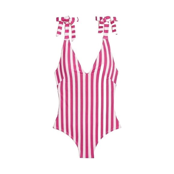J crew One Piece Swimsuit Wild Berry Pink Striped Tie Shoulder sz M NWT - Picture 4 of 12